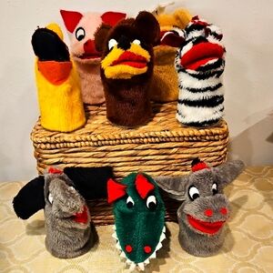 70s Sheram Hand Puppet Animal Set: Pig Croc Duck Bear Zebra Elephant Giraffe